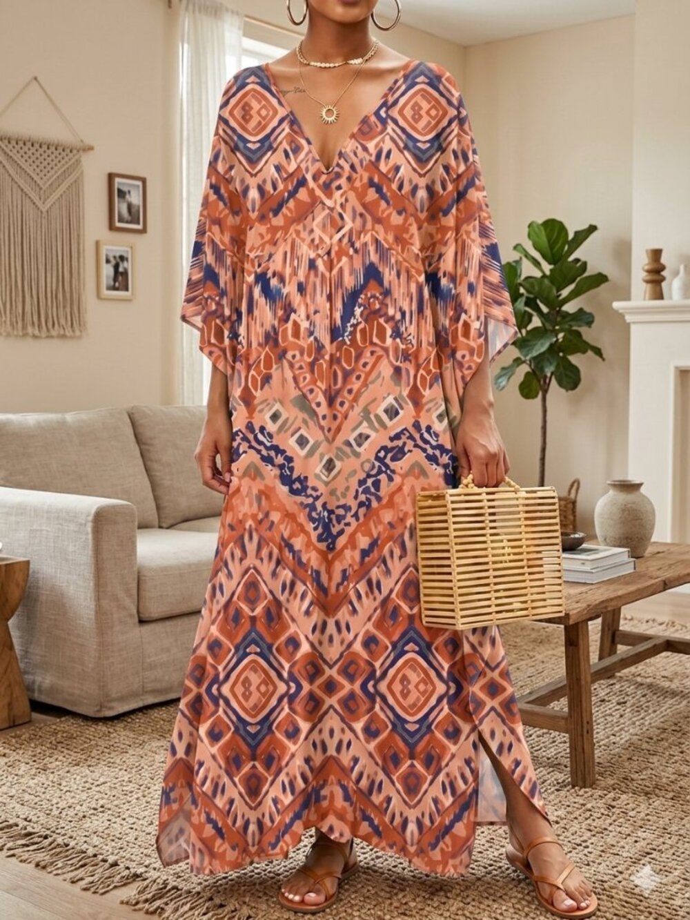 Women's Coral Aztec Print Kaftan Maxi Dress Muumuu